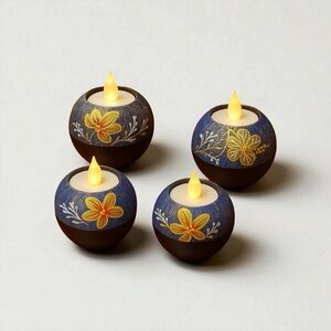 Tea Light Hand-Painted Wooden Votive Holders Set of 4 Blue Gold Floral Boho Dec
